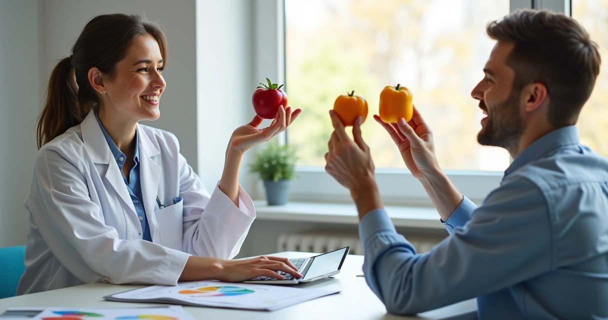 Nutricionista mostrando itens alimentares para paciente em consultório