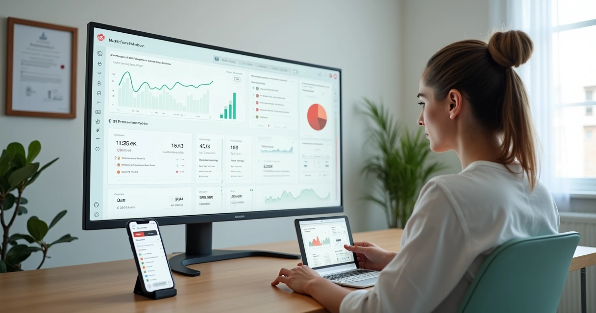 Nutricionista analisando dados clínicos de paciente em painel digital integrado 