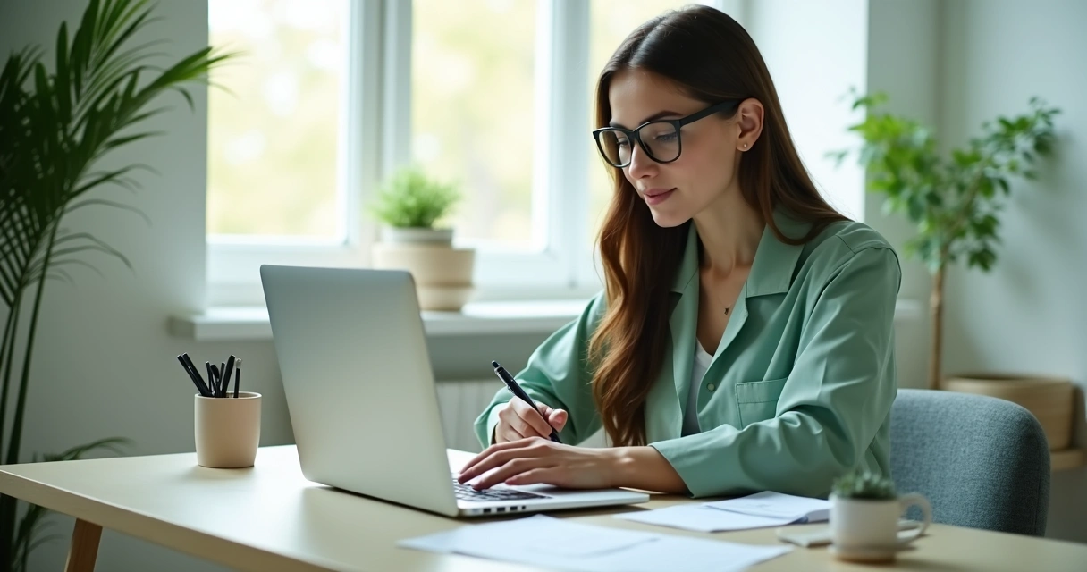 Nutricionista em consultório usando notebook para emitir recibo digital