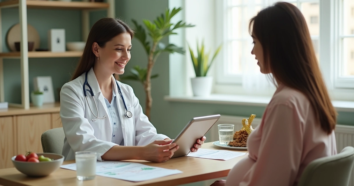 Nutricionista atendendo gestante com plano alimentar em consulta 