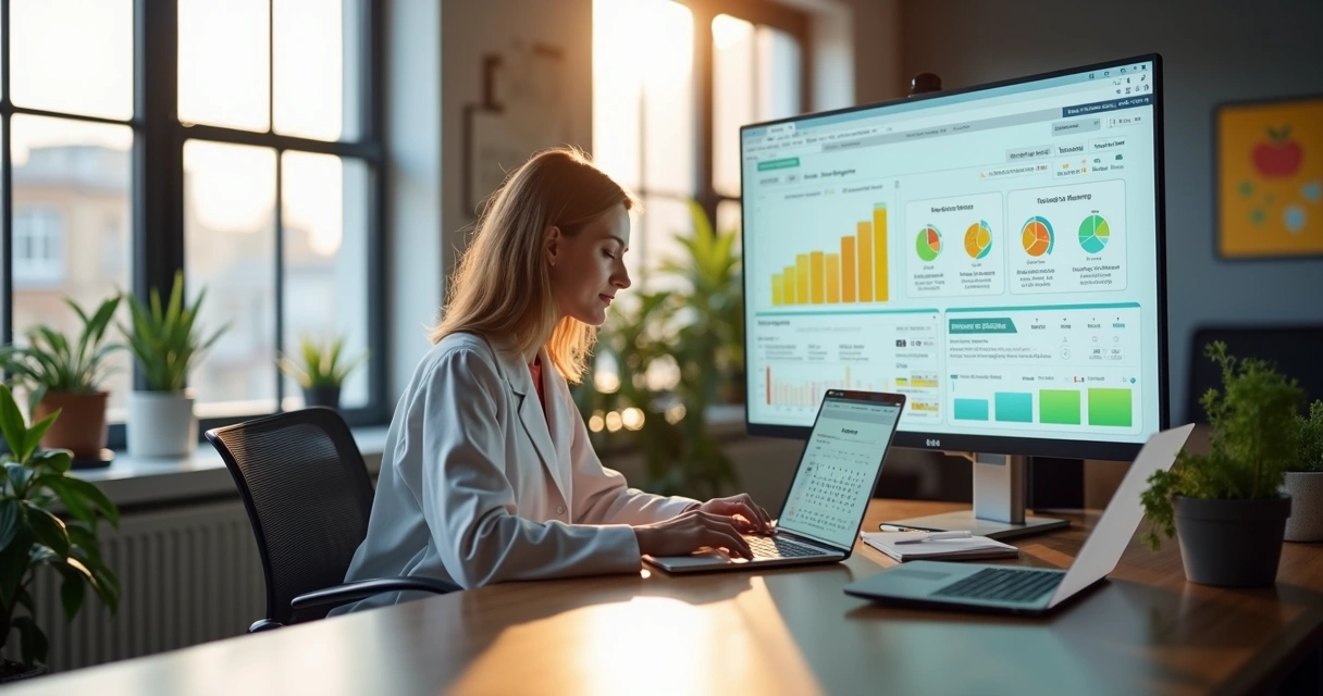 Nutricionista organizando agenda digital ao lado de secretária e tela com gráficos de automação e consultoria 