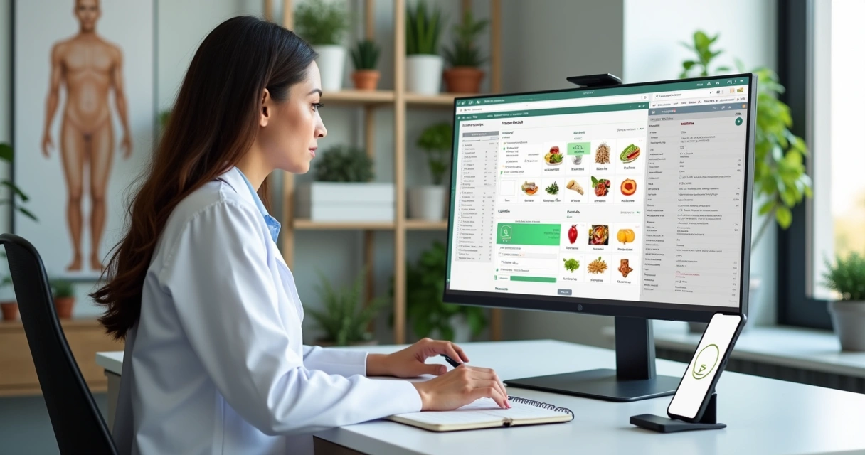 Nutricionista comparando ferramenta específica com sistema geral de clínica na tela do computador 