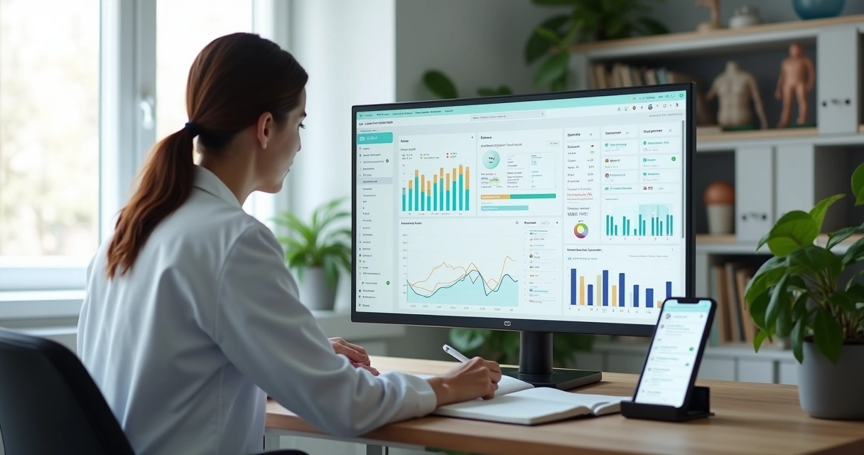 Nutricionista analisando painel clínico com inteligência artificial em tela ampla 