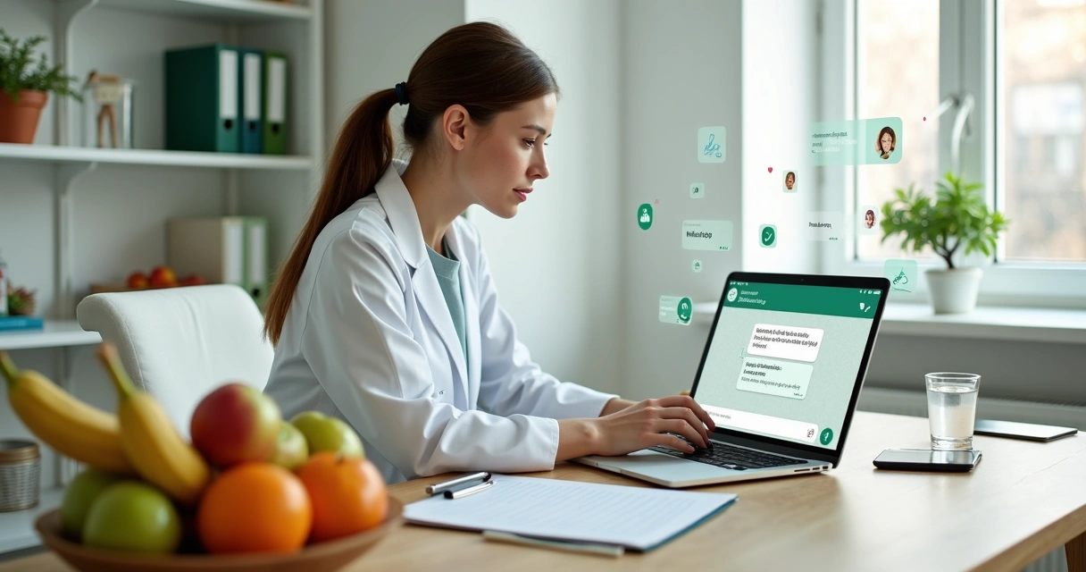 Nutricionista usando IA em notebook para acompanhar paciente pelo WhatsApp 
