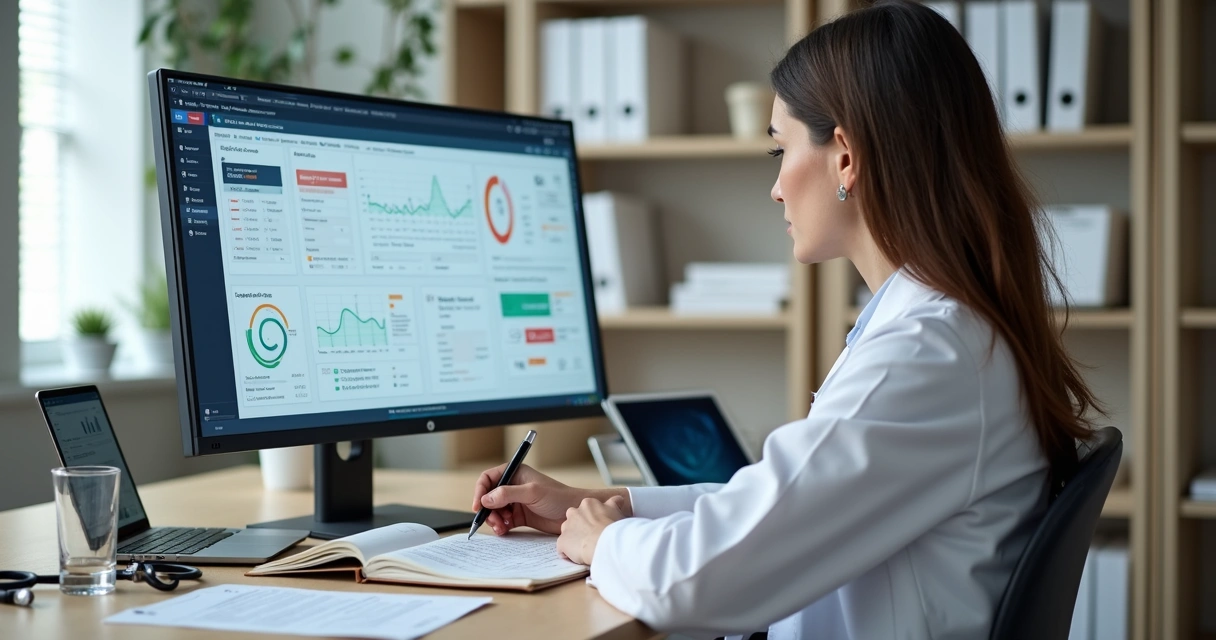 Nutricionista analisando painel de IA no consultório de nutrição 