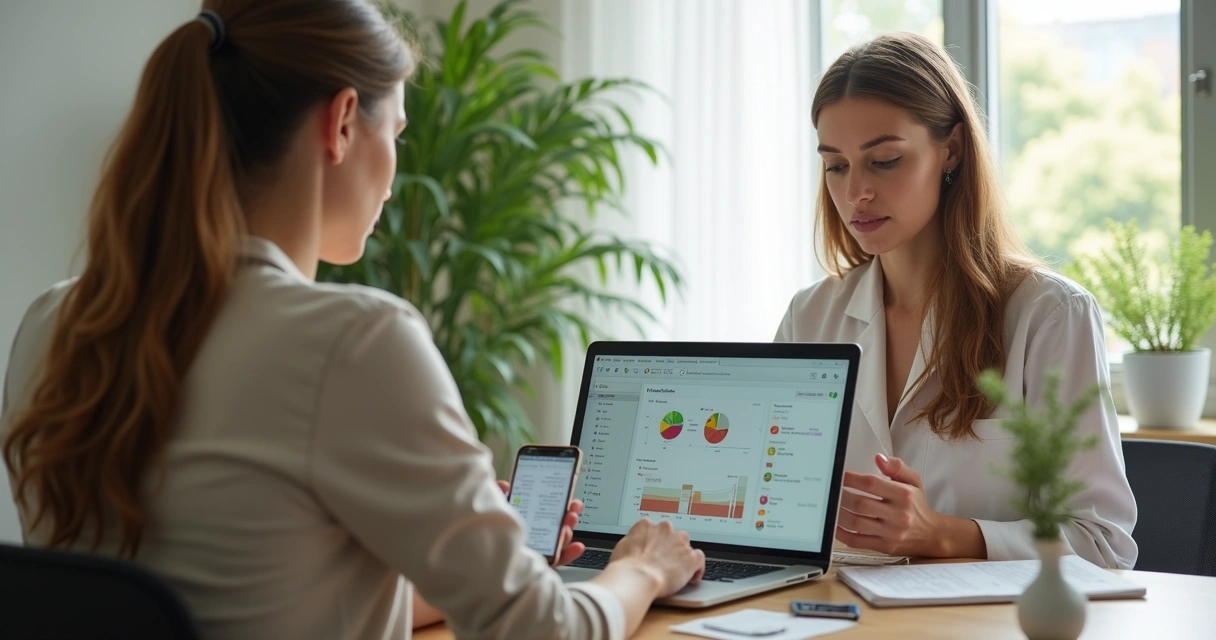 Nutricionista usa IA em computador, paciente ao lado na mesa