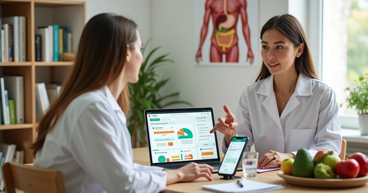 Nutricionista usando notebook com painel de inteligência artificial em consultório atendendo paciente 