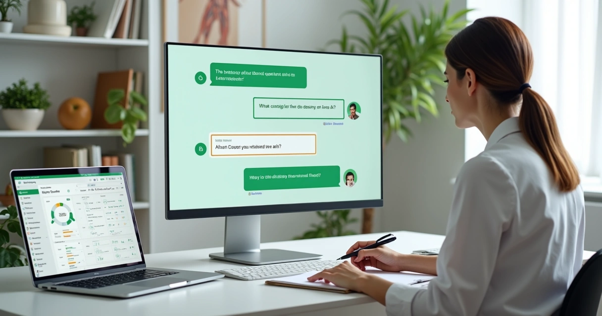 Nutricionista revisando no computador respostas da IA em conversa de WhatsApp com paciente 