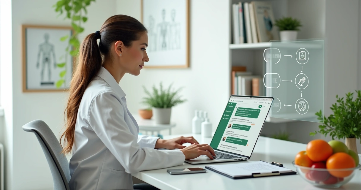 Nutricionista configurando IA no notebook com chatbot aberto no WhatsApp 