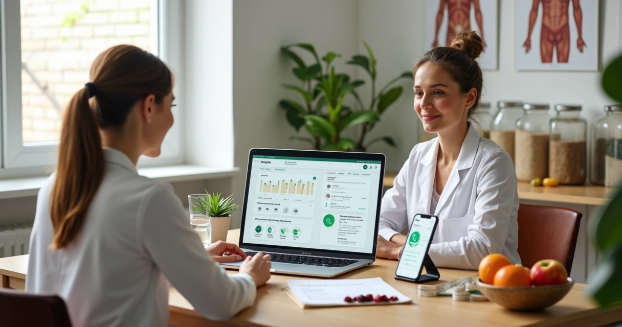 Nutricionista usando notebook com painel de IA enquanto conversa com paciente e WhatsApp aberto na tela 