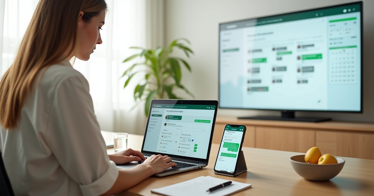 Nutricionista em consultório digital analisando painel integrado com WhatsApp aberto no notebook 