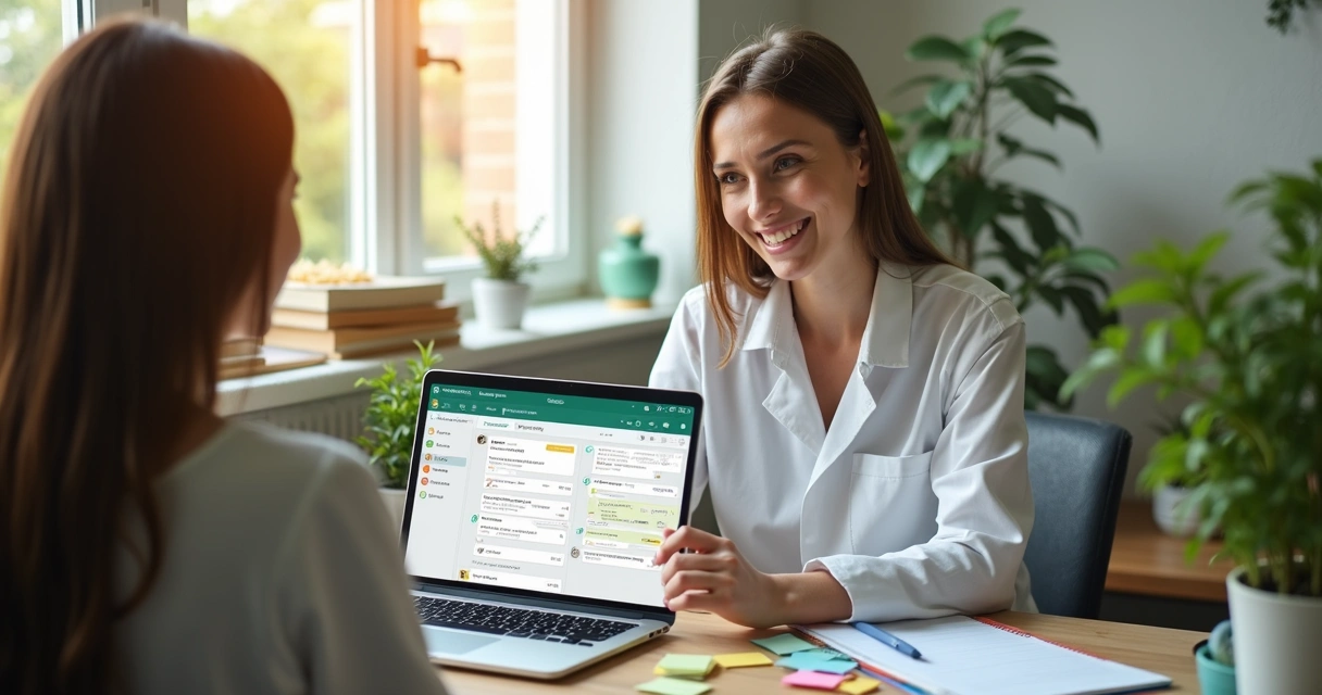 Nutricionista em início de consultório atendendo paciente, com notebook, WhatsApp aberto e lista de tarefas ao lado