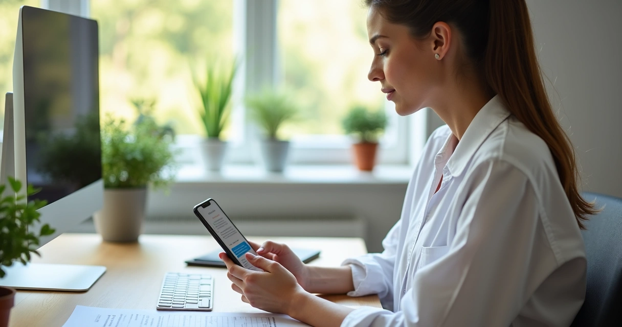 Nutricionista digitando mensagem em aplicativo de mensagens em smartphone