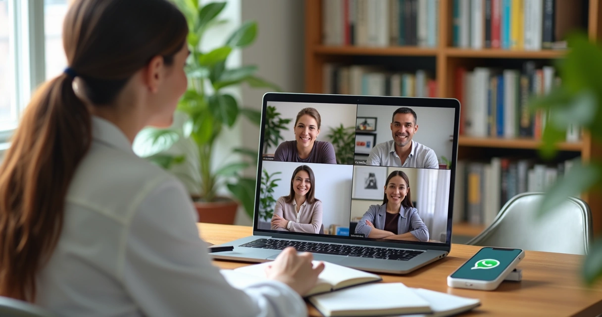 Nutricionista realizando mentoria em grupo online com outras profissionais, ambiente moderno e claro, notebook aberto e anotações ao lado