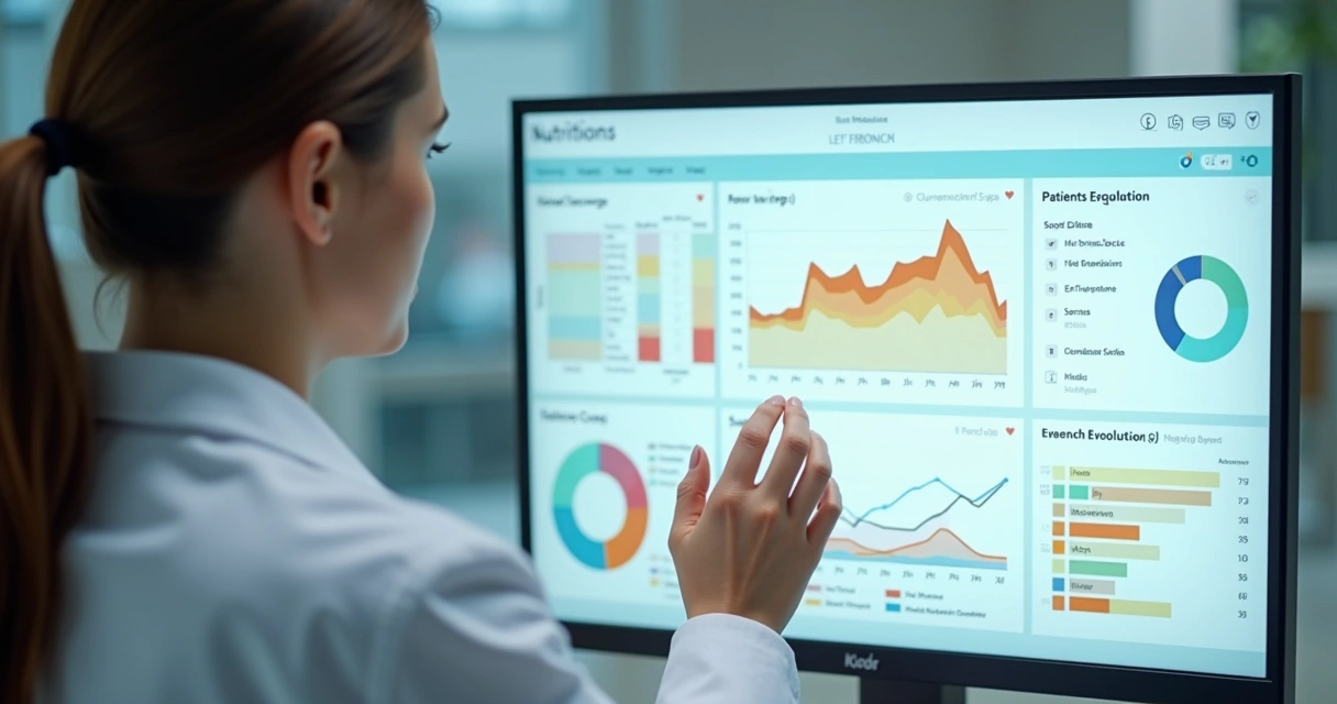 Nutricionista acessando painel digital clínico com dados de check-in alimentar, gráficos coloridos de evolução e formulários sensoriais. 