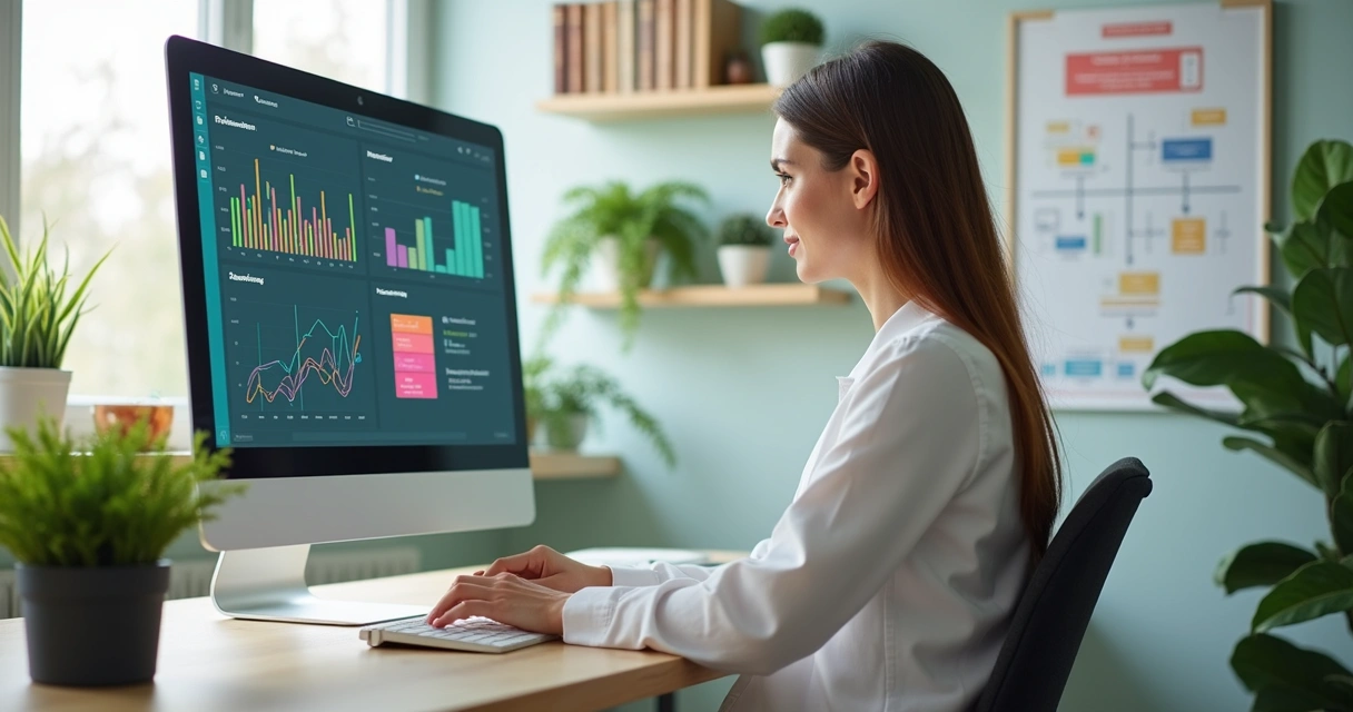Nutricionista analisando dados em dashboard digital 