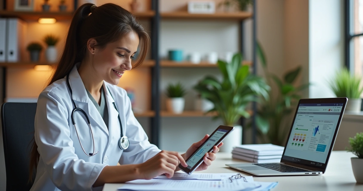 Nutricionista verificando agenda em tablet e monitorando dados de pacientes no consultório moderno 