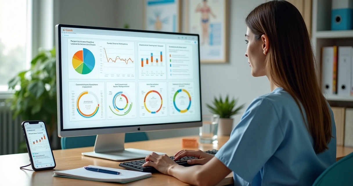 Nutricionista analisando gráficos de engajamento e risco de desistência do paciente em tela de computador 