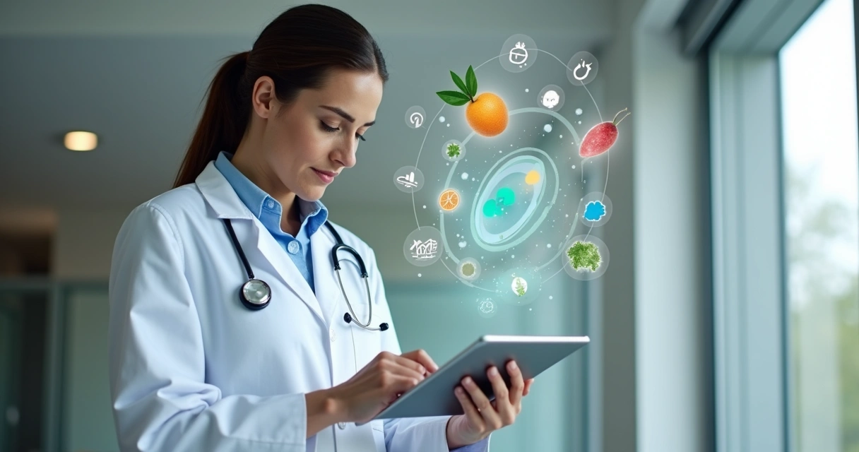 Nutricionista analisa dados comportamentais em tablet 