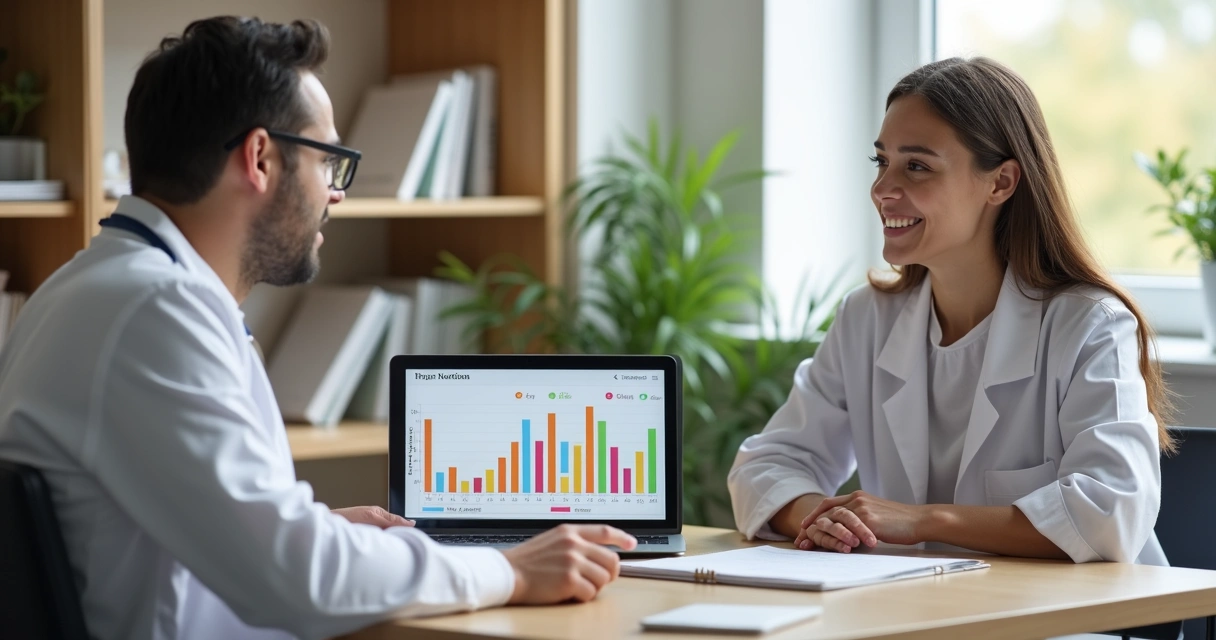 Nutricionista conversa com paciente, mostrando painel digital de evolução no consultório. 