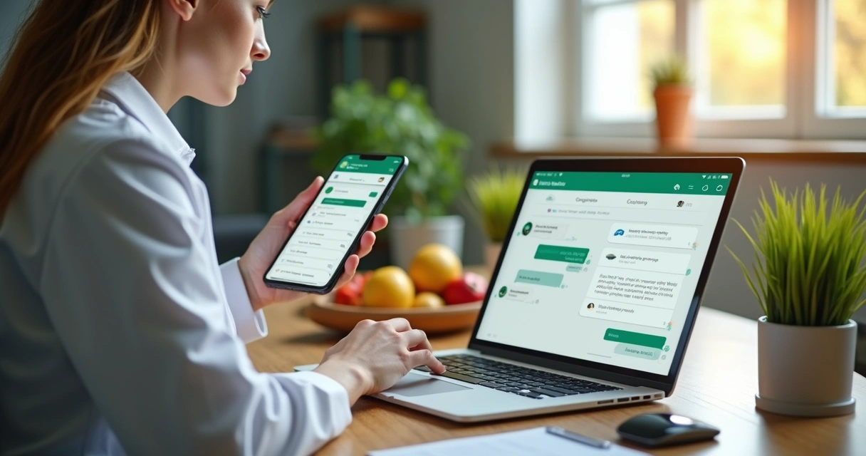 Nutricionista usando computador e smartphone com múltiplas janelas de comunicação abertas 