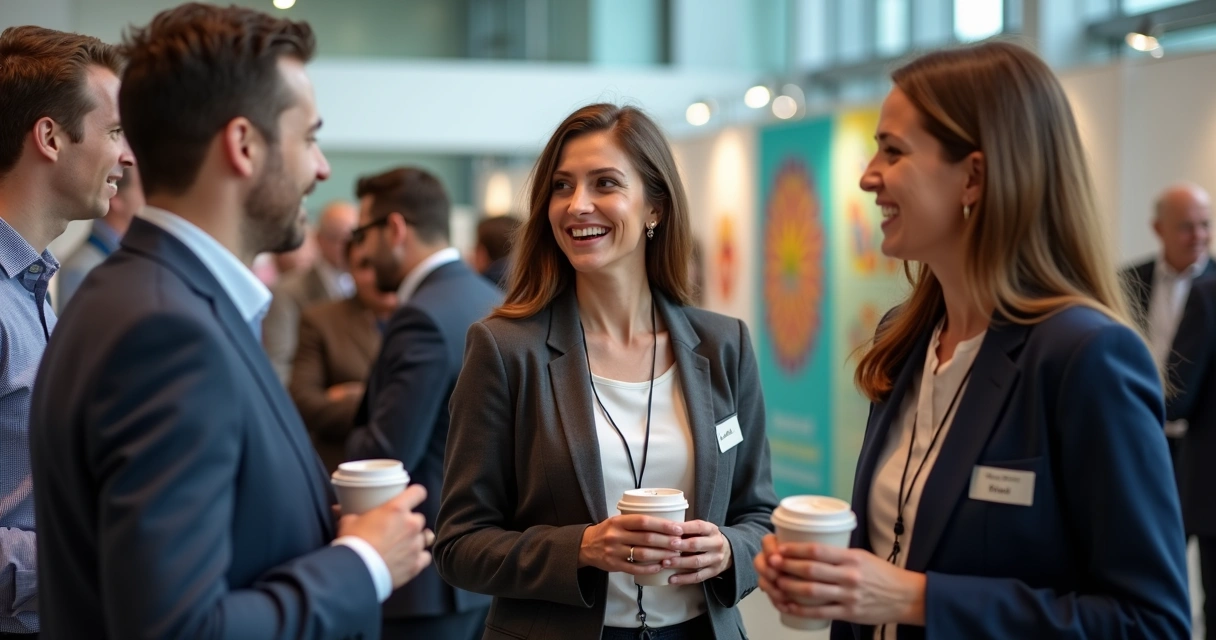 Nutricionista conversando com colegas em evento profissional 