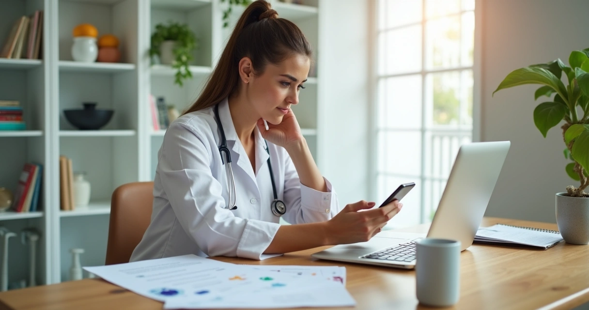 Nutricionista usando celular com tela de mensagens aberta
