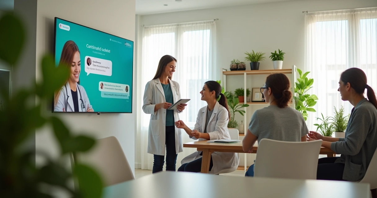 Nutricionista usando tablet enquanto pacientes interagem com assistente virtual num consultório moderno