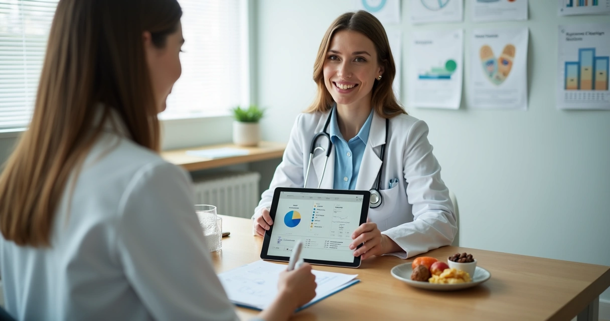 Nutricionista em consulta registrando dados de nutrição comportamental com paciente 