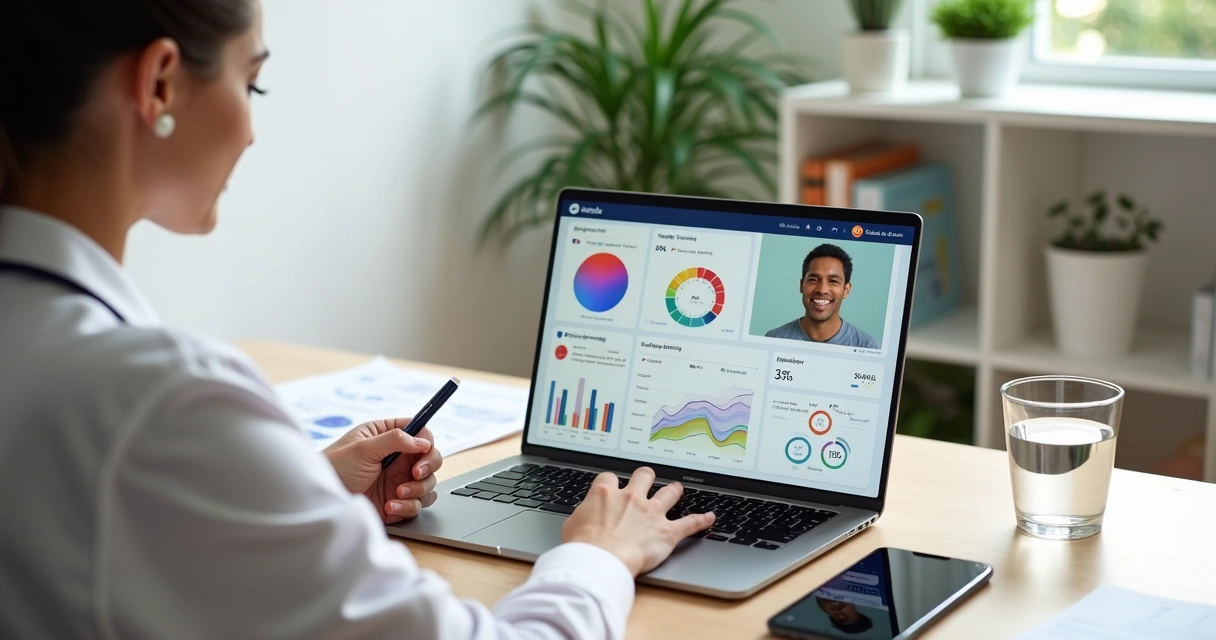 Nutricionista em vídeo chamada analisando dados de acompanhamento nutricional em tela de notebook 