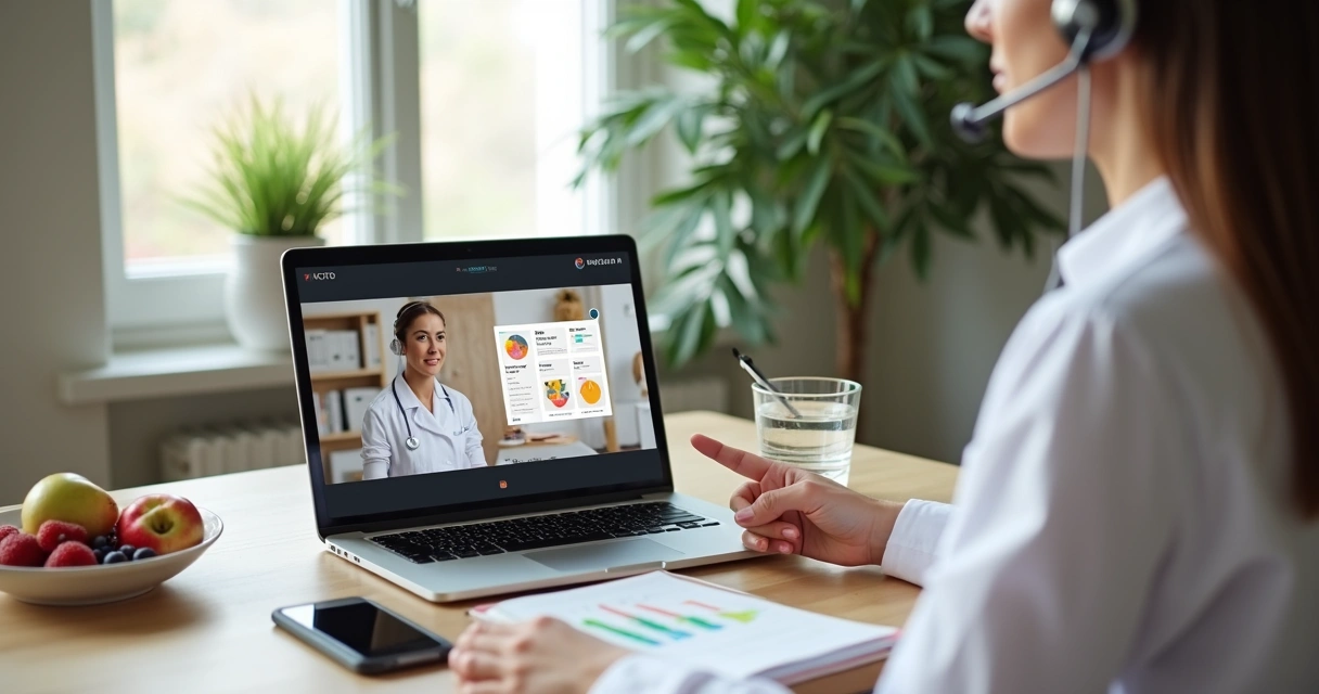 Nutricionista em consulta online com paciente usando notebook e plano alimentar na tela 