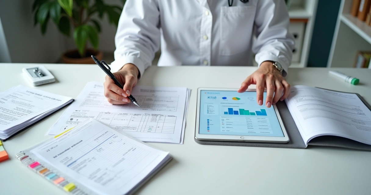 Nutricionista organiza fichas e tablet com esquema de dados clínicos estruturados 