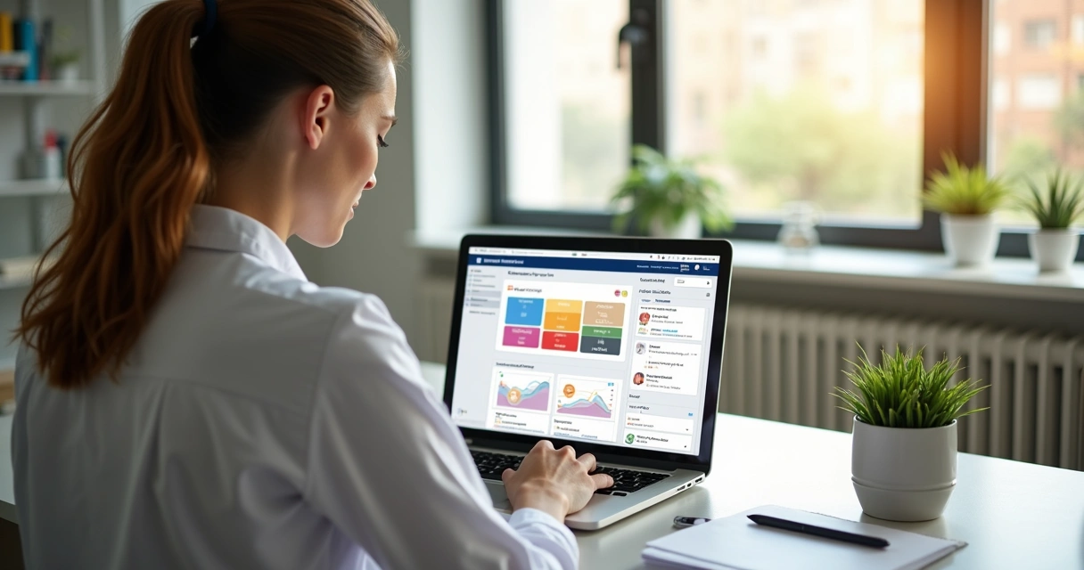 Nutricionista organizando agenda digital em laptop com gráficos e listas de pacientes na tela 