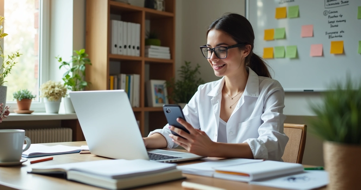 Nutricionista em escritório moderno organizando tarefas no laptop com calendário digital e mensagens no smartphone