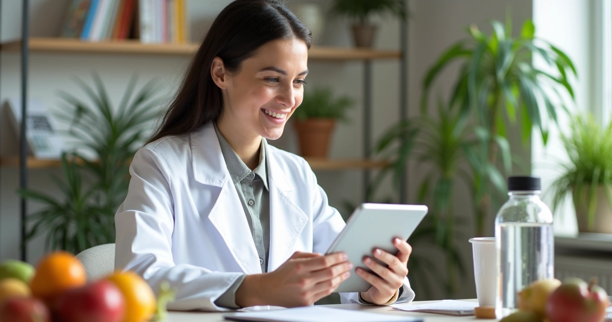 Nutricionista usando um tablet para conversar com paciente pelo WhatsApp 