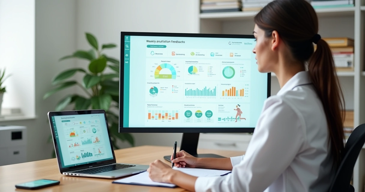 Nutricionista analisando painel digital com gráficos semanais de adesão alimentar 