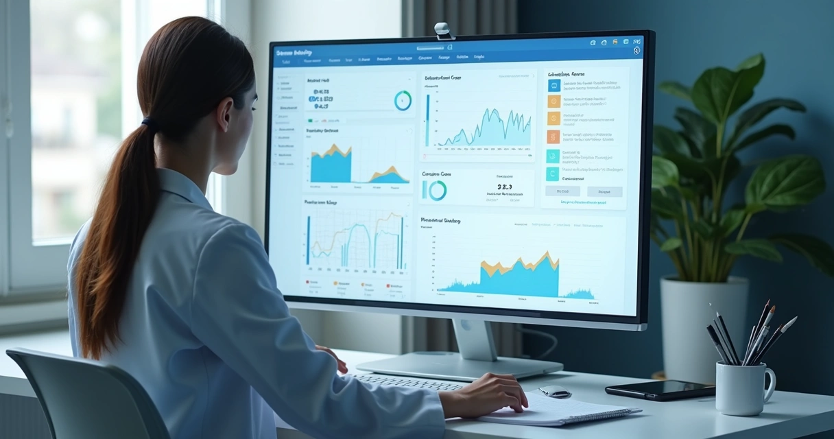 Nutricionista revisando dashboard clínico com gráficos e formulários 