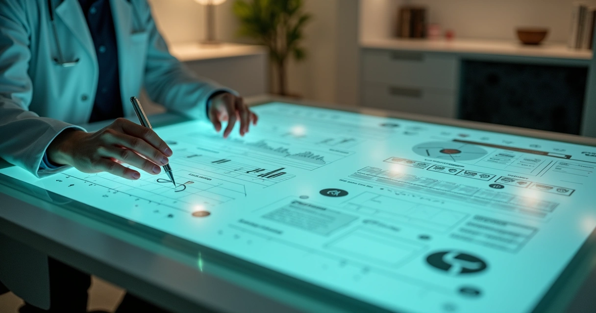 Nutricionista observa mesa digital com fluxo de acompanhamento clínico contínuo 