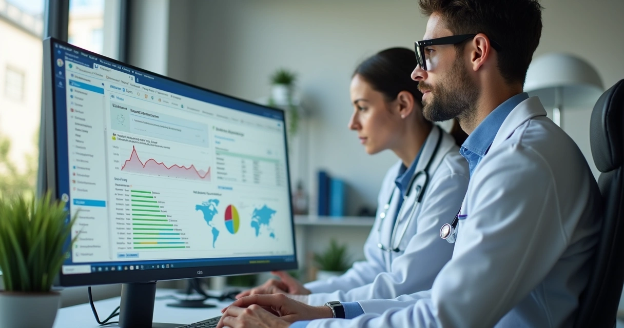 Nutricionista analisando painel digital com gráficos de fadiga, HRV e evolução do paciente 