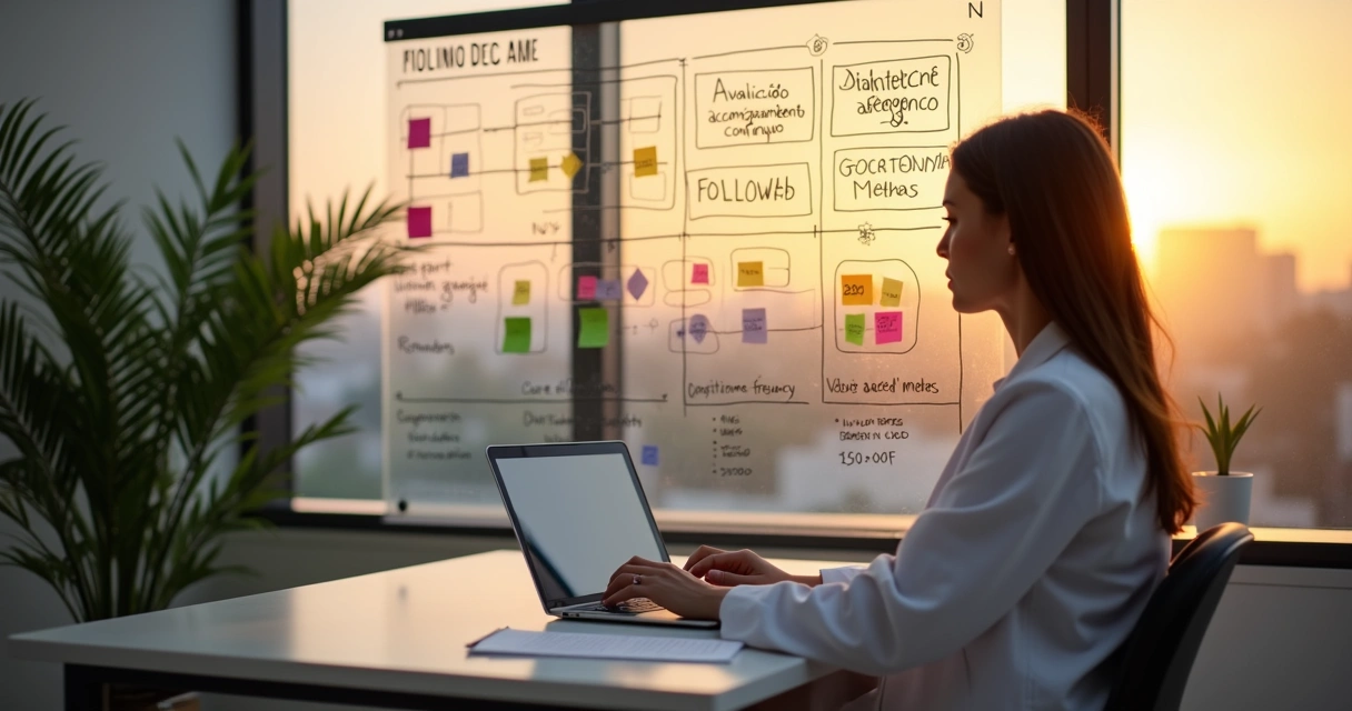 Nutricionista analisando matriz de acompanhamento e adesão em consultas de nutrição 