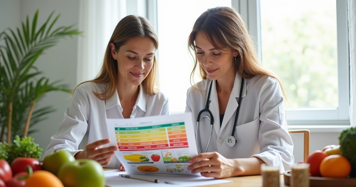 Nutricionista consultando planilha alimentar com paciente 