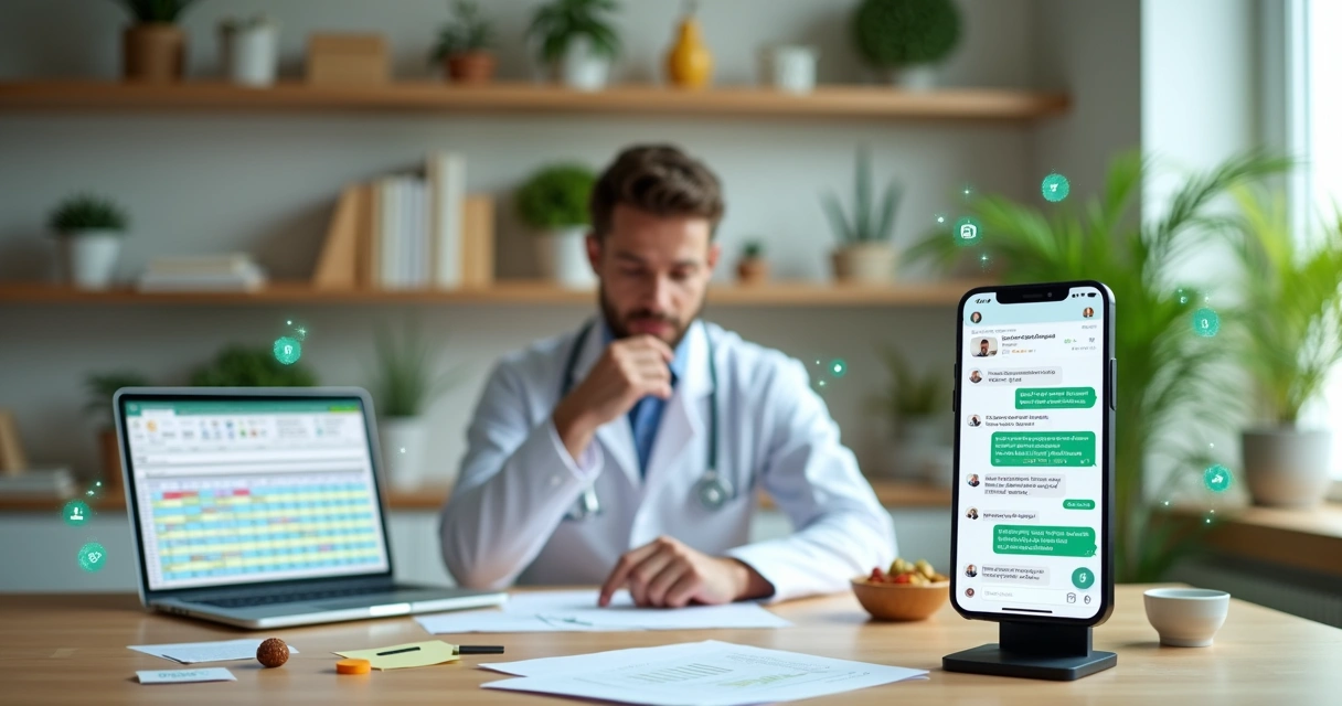 Nutricionista comparando planilha em laptop com fluxo automatizado em smartphone 