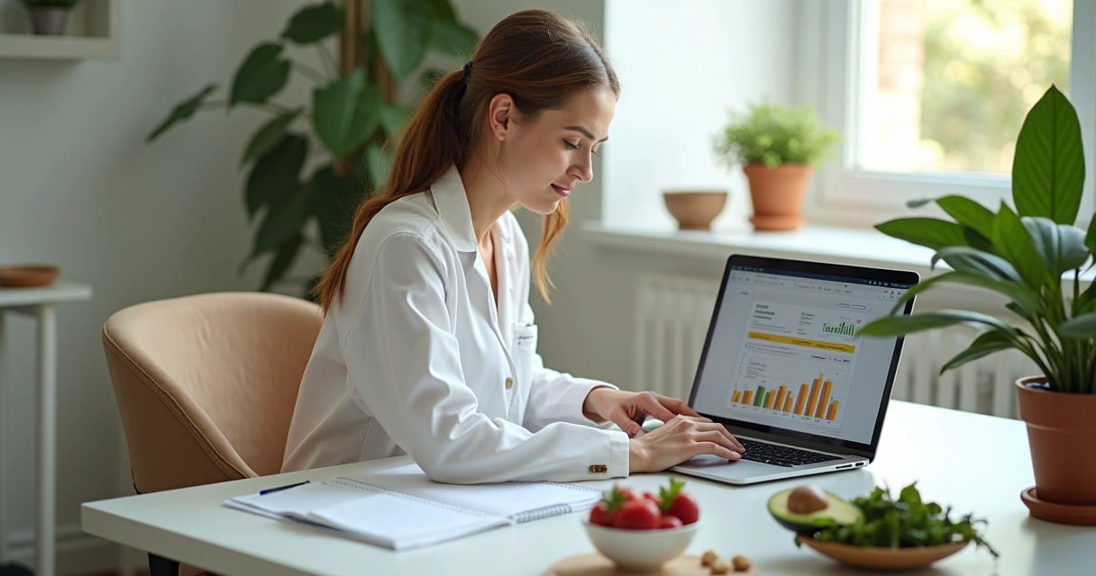 Nutricionista organizando plano alimentar com prontuário digital em consultório 