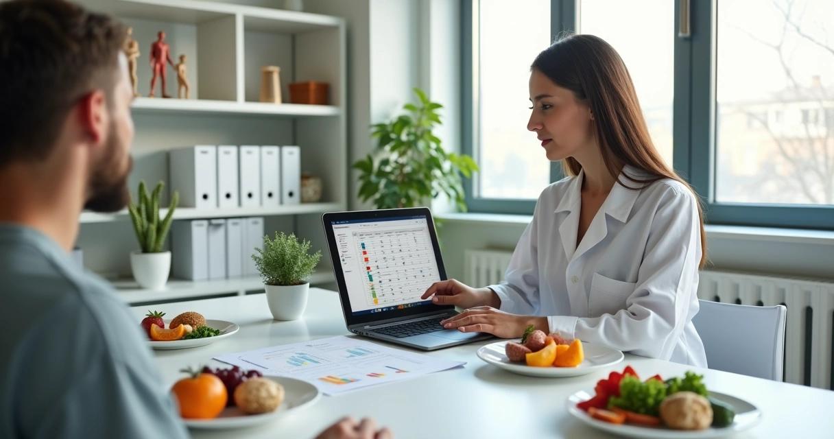 Nutricionista analisando plano alimentar em tablet ao lado de paciente e alimentos organizados na mesa 