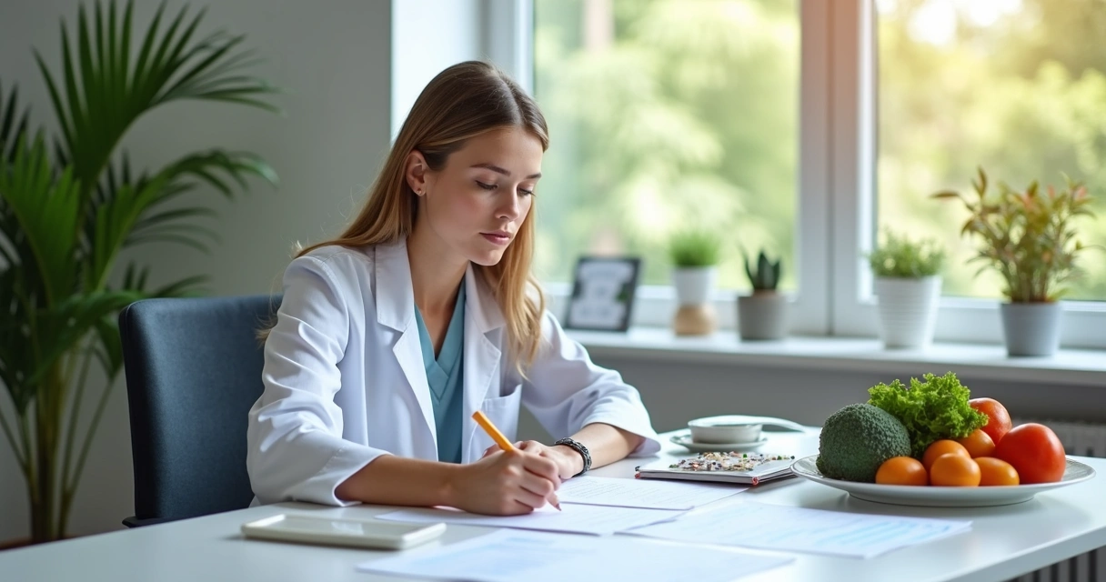 Nutricionista escrevendo plano alimentar para paciente com vários exames na mesa