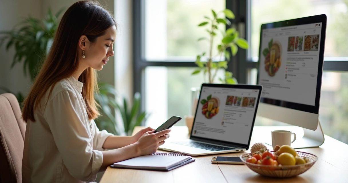 Nutricionista usando notebook e celular em mesa organizada com alimentos saudáveis 