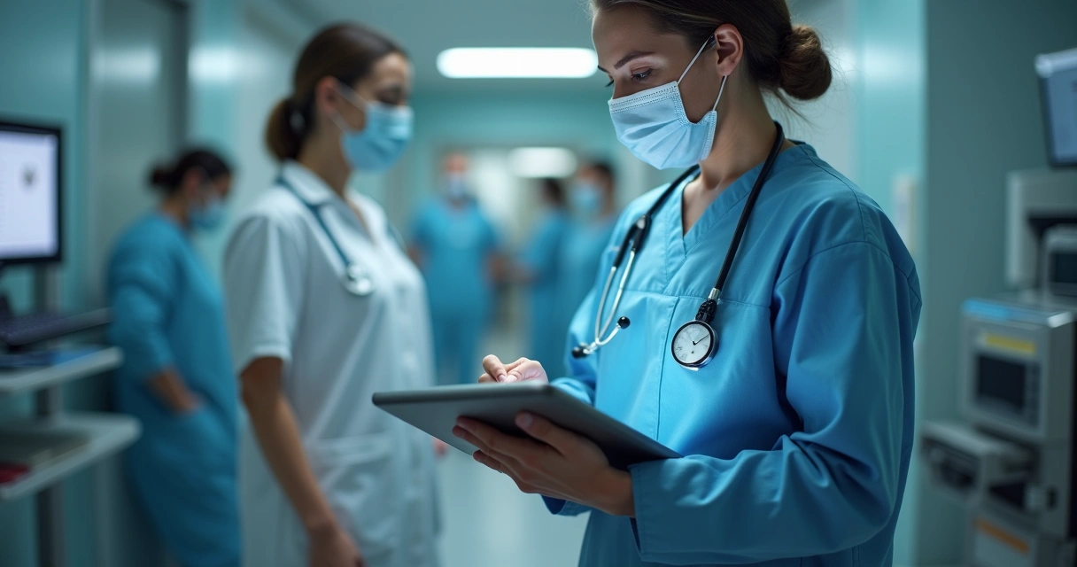 Nutricionista utilizando prontuário eletrônico em tablet com gráficos e dados de pacientes na tela
