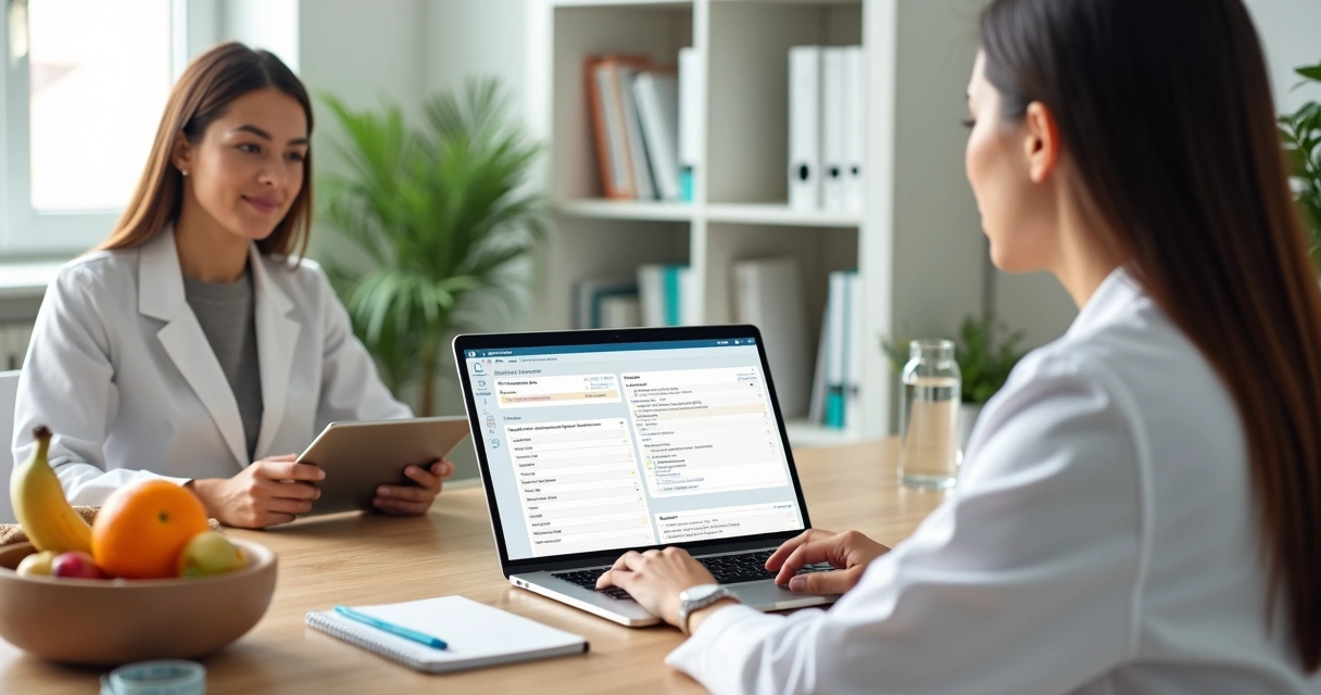 Nutricionista usando prontuário eletrônico em notebook durante consulta 