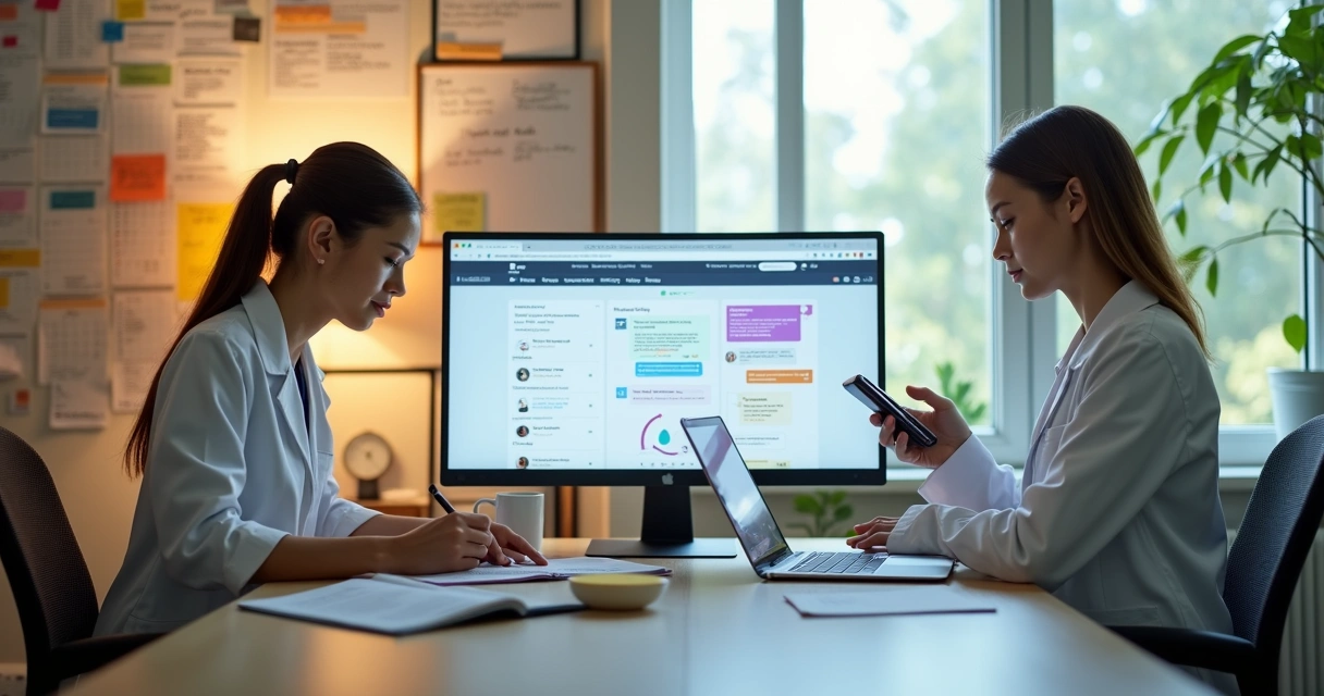 Nutricionista comparando tarefas manuais em papel com automação em tela de computador 