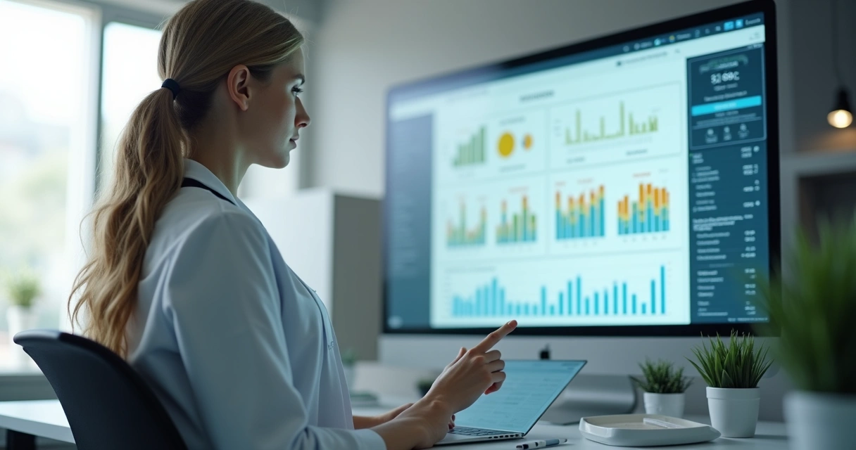 Nutricionista analisando informações em tela na clínica 